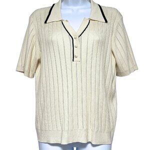 Adrianna‎ Papell Sweater Womens Size L Creamy White Pointelle Knit Collared